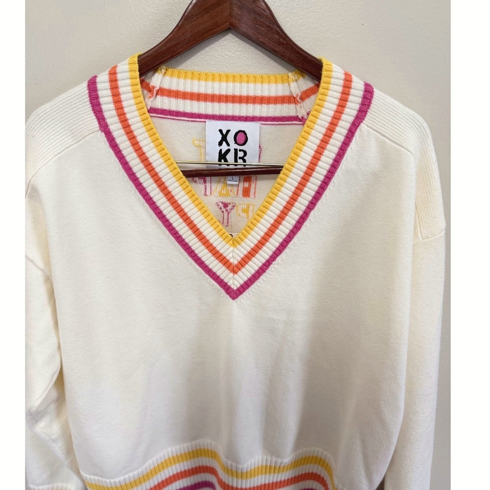 XOKR Kerri Rosenthal Women's "Get Happy" V-Neck Striped Sweater Size Large NWT - Picture 4 of 10